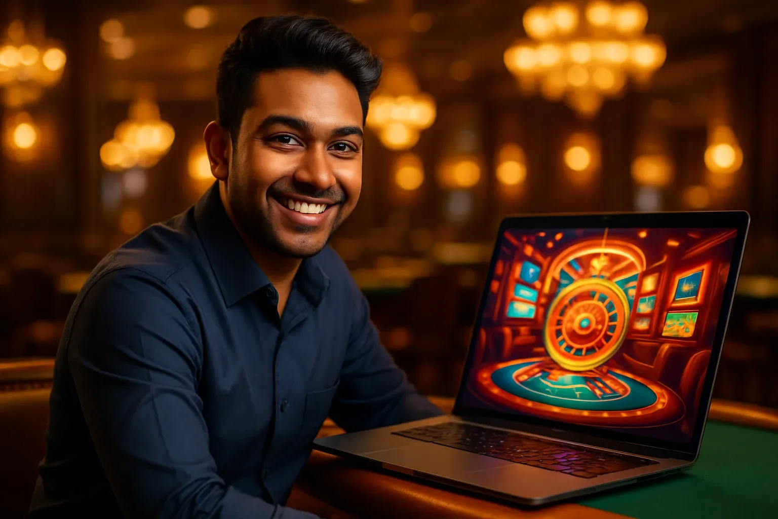 Cheerful Bangladeshi man smiling at open laptop with glowing casino interface